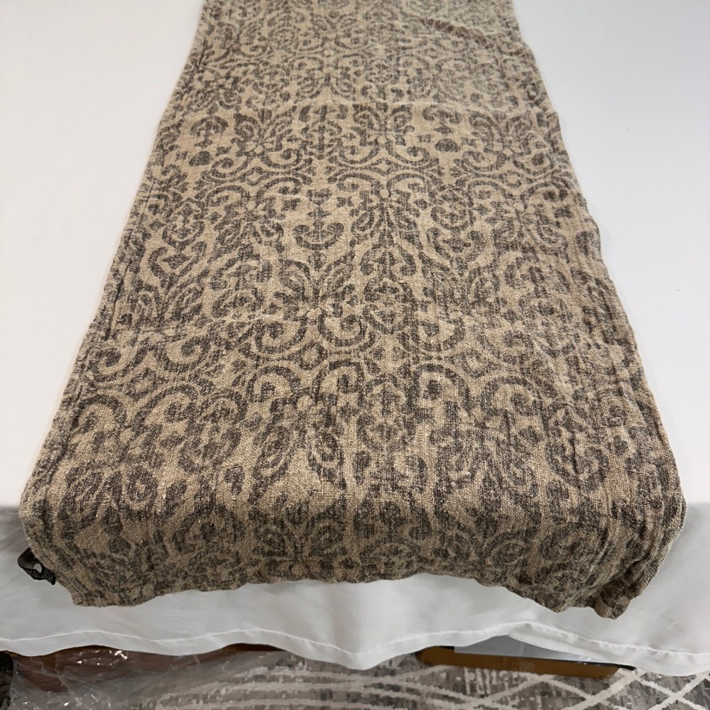Rachel Zoe Linen Table Runner Home 19" Grey Tan Damask Scroll | Farmhouse Boho